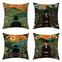 A New Four-piece Set of Pastoral Fairy Tale Scenery and Elderly Linen Throw Pillows 45 * 45 throw pillow four-piece set black