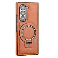 Vintažinis odinis magnetinis žiedo laikiklio dėklas, skirtas Samsung Galaxy Z Fold7 Fold 7 6 5 4 ZFold7, metalinis žiedo laikiklis, Magsafe šarvuotas dangtelis Galaxy Z Fold5 oranžinė