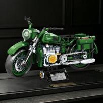 Retro motociklo su priekaba konstravimo kaladėlių rinkinys, vintažinis triratis motociklas su priekaba, MOC surinkimo kaladėlės iki