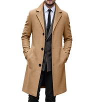 Men's Wool Mid-Length Overcoat Slim Fit Trench Coat for Fall and Winter XL chaki