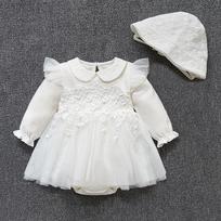 Princesės kūdikių kutų balta suknelė ilgomis rankovėmis pavasario rudeninės nėriniuotos vakarėlio suknelės + kepurės 9-12m balta