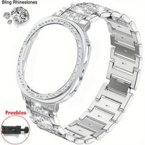 Deimantinis Metalinis Dirželis Samsung Galaxy Watch 9 40mm 44mm Blizgus Apyrankės Dirželis+PC Apsauginis Dangtelis Samsung Galaxy Watch8 40mm 44mm Laikrodžiams Galaxy Watch 8 40mm sidabras