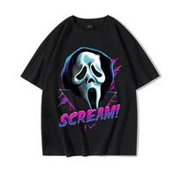 Creative Scream Printed Pure Cotton T-shirt Men and Women with The Same Round Neck Cotton Short-sleeved T-shirt Halloween S black