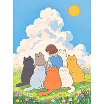 5D Diamond Embroidery Cartoon Cat And Girl Morden Craft Kits DIY Painting Full Square Round Mosaic Child Gift Home Decoration Round 20X30CM blue