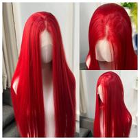 Raudonos spalvos moteriškas perukas 26 coliai 13x4 nėriniai Bordo spalvos nėriniuotas priekis Ilgas tiesus šilkinis be klijų sintetinio nėrinio priekio perukas Cosplay'ui (as the picture,26inches&150%) red