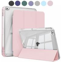 dėklas iPad 5-osios 6-osios kartos Air 1 2, su pieštuko laikikliu, kietu skaidriu permatomu galiniu dangteliu ir minkštu TPU smūgiams atspariu rėmeliu For iPad 9.7 2017 rožinė