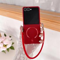 Skirta Motolora Razr+ 2025 2025 Magsafe belaidžio įkrovimo dėklas Moto Razr 60 Ultra 50 odiniu riešo dirželiu magnetiniu dangteliu dirželiu Motorola Razr 50 Ultra raudona