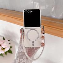 Skirta Motolora Razr+ 2025 2025 Magsafe belaidžio įkrovimo dėklas Moto Razr 60 Ultra 50 odiniu riešo dirželiu magnetiniu dangteliu dirželiu Motorola Razr 2025 balta