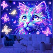 Šviečiantys katės temos gobelenai UV reakcijos gobeleno fonas Dekoracija Sienos pakabinimas Miegamojo vakarėlio dekoracija W100xH75cm blue