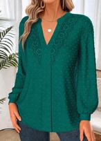 Women's Casual Long Sleeve V-Neck Blouse with Lace Trim, Color XXL tamsiai žalia spalva