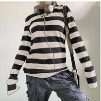 Women Teen Girls Fairy Grunge Y2k Long Sleeve Baggy Shirt Tops Striped Baby Tees Vintage Streetwear T-Shirt Autumn Clothes S gray