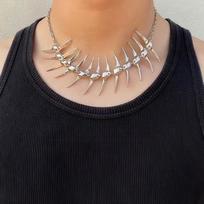 Sidabrinė Dygliuota Žuvies Kaulo Stuburo Nugaros Karoliai Choker Gotikiniai Futuristiniai Statement Papuošalai Vakarėliui Porai Madingi beige