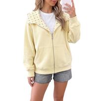 Women's Zip-Up Hoodie with Polka Dot Color Block Long Sleeve L smėlis