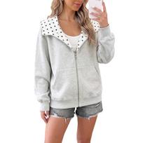 Women's Zip-Up Hoodie with Polka Dot Color Block Long Sleeve L white
