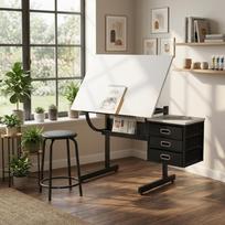 White tabletop Adjustable drafting drawing table for Crafting, Reading, Writing with stool and 3 Storage drawers 115 x 60 x 76.2 cm balta