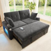2 vietų sofa su miego funkcija, LED apšvietimu, USB/Type-C įkrovimo prievadu, puodelių laikikliu, porankio daiktadėže, 2 pagalvėmis, svetainei ir miegamajam, pilka 141.5 x 131 x 83.5 cm pilka