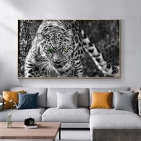Leopardo paveikslai Žalios akys Juoda ir balta Gyvūno drobės tapybos plakatai ir atspaudai svetainei, namams, laukinės gamtos sienos menas 60cm×170cm NoFrame