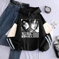 Mikasa Print Hooded Anime Attack On Titan Streetwear Men Women Patchwork Hoodies Casual Loose Pullover Harajuku Male Sweatshirt M black