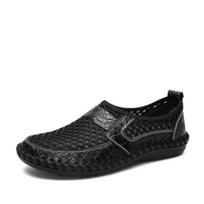 Vasariniai vyriški TIKROS ODINĖS sandalai Kvėpuojantys odiniai batai Vidutinio amžiaus vyriški batai „Lazy Slip-on“ tinkliniai batai 45 juoda