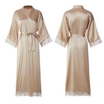 Šilkiniai satino nėrinių chalatai, pamergės, nuotakos, vestuvių ilgas chalatas, moteriškas chalatas, apatinis trikotažas One Size beige