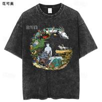 „Totoro Animation“ periferinis retro stiliaus skalbinių kostiumas, senas, grynos medvilnės raštas, kvėpuojantis, laisvas, vyriškas ir moteriškas laisvalaikio apvalus apykaklė. M black