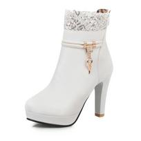 Žiemos mada Aukštakulniai Moteriški botai Nėrinių dizainas Princesės Platforma Šventiniai Vestuviniai Moteriški Batai Balti Juodi Rožiniai Ankle Boots 42 white