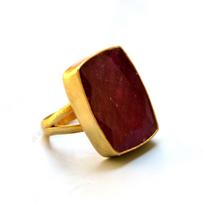 Natural Raw Red Ruby Gemstone Sterling Silver 18K Yellow Gold Plated Gift Ring 10 auksinė