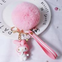 Nauji Sanrio Hello Kitty Kuromi Melody Cinnamoroll Žavingi Raktų Pakabukai su Puria Triušio Kailio Kamuoliuku Moterims Merginoms Krepšio Pakabukas Raktų Pakabukas Dovanos gray