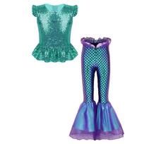 Merginų 2 dalių undinėlės kostiumas Blizgučiai Trumpomis rankovėmis Užtrauktukas Peplum viršus Elastingas juosmuo Ruffles Plačios kelnės Rinkinys 9-10 Years blue