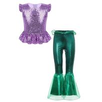 Merginų 2 dalių undinėlės kostiumas Blizgučiai Trumpomis rankovėmis Užtrauktukas Peplum viršus Elastingas juosmuo Ruffles Plačios kelnės Rinkinys 5-6 Years blue