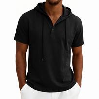 Men’s Short Sleeve Hooded T Shirt with Button Placket Casual Pullover Lightweight Drawstring Hoodie Top for Everyday Wear XXXL juoda