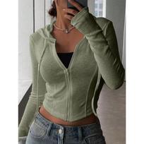 Fashion Women's Ribbed Knit Hoodie, Cropped Zip-Up Long Sleeve Top, Versatile Casual Top for Summer & Spring Daily Outfits XXL armijos žalia spalva