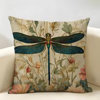 Pretty Dragonfly Lotus Cushion Cover Durable Hypoallergenic Organic Linen Short Pillow Cover Washable 60cmx60cm(24x24Inch)