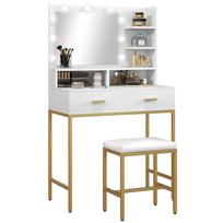 Vanity Table with Mirror, 2 Drawers, 5 Shelves and Stool, in MDF and Chipboard, 80x40x138 cm, White 80 x 40 x 138 cm