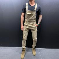 Vyriški madingi džinsiniai dirželiai skalbti kombinezonas Streetwear kišeninės kelnės L chaki