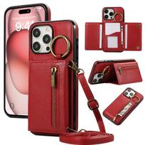 Crossbody Ring kortelės laikiklis užtrauktuku Piniginės telefono dėklas, skirtas iPhone 15 Pro Max 14 Plus 13 12 11 XS XR 7 8 SE 2020 2022 Odinis dangtelis iPhone 13 raudona