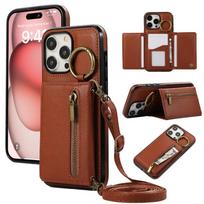 Crossbody Ring kortelės laikiklis užtrauktuku Piniginės telefono dėklas, skirtas iPhone 15 Pro Max 14 Plus 13 12 11 XS XR 7 8 SE 2020 2022 Odinis dangtelis iPhone 11 Pro Max kava