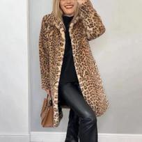 Leopardo rašto dirbtinio kailio paltas Moteriška ilga šilta žiemos striukė M black