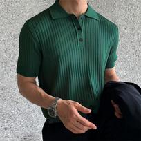Vasaros vyriški drabužiai Retro megztas dryžuotas polo marškinėlis su atvartu Vienspalvis trumpomis rankovėmis Mada Lengvas prabangus Populiarus megztinis M-3XL L žalia