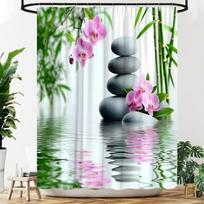 Zen akmenų dušo užuolaida Japonijos SPA sodas Bambuko lapai Gėlės Azijietiška Meditacijos medžiaga Vonios dekoras Užuolaidos su kabliukais W60H190(CM)-1 Pcs gray