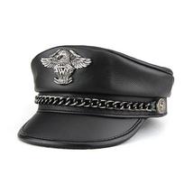 Vyriška natūralios odos plokščiu viršumi vokiško kapitono kepurė - Pavasario ir rudens retro punk motociklininko stilius L Adjustable (55-57CM) black