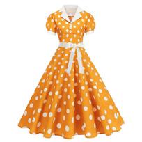 Vintage 1950s Inspired Red Polka Dot Swing Dress for Women, Short Sleeve Button Down Retro Party Dress with Belt XL geltona