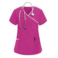 Women's Stretch Quick Dry V Neck Short Sleeve Scrub Top with Pockets for Healthcare Work Uniforms S pink