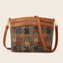 Vintažinis gėlių raštas Crossbody krepšys, moteriškas medžio žievės raštas piniginė Etninio stiliaus pečių krepšys