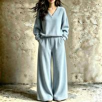 Women's Casual V-Neck Loose Fit Two-Piece Set, Fall Winter Loungewear XXL dangaus mėlyna spalva