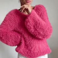 Women's Color Round Neck Long Sleeve Pullover Top M karšta rožinė spalva