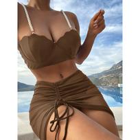 Seksualus 3 dalių bikinių komplektas, moteriškas maudymosi kostiumėlis su sijonu Maudymosi kostiumėliai Moteriški Push Up Bikini Paplūdimio drabužiai Dirbtinių perlų maudymosi kostiumėlis S gray