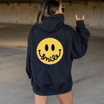 Spalvotas Šypsenos veidukas su gobtuvu Moteriški megztiniai megztiniai Megztiniai Madingi grafiniai grynos medvilnės Streetwear džemperiai, tinkantys gobtuvai L juoda