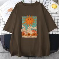 Taro kortų menas The Sun Unisex medvilniniai marškinėliai High Street Vintažiniai drabužiai Kvėpuojantys laisvalaikio iškirptės trumpomis rankovėmis unisex medvilniniai viršutiniai drabužiai M beige