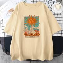Taro kortų menas The Sun Unisex medvilniniai marškinėliai High Street Vintažiniai drabužiai Kvėpuojantys laisvalaikio iškirptės trumpomis rankovėmis unisex medvilniniai viršutiniai drabužiai 2XL beige